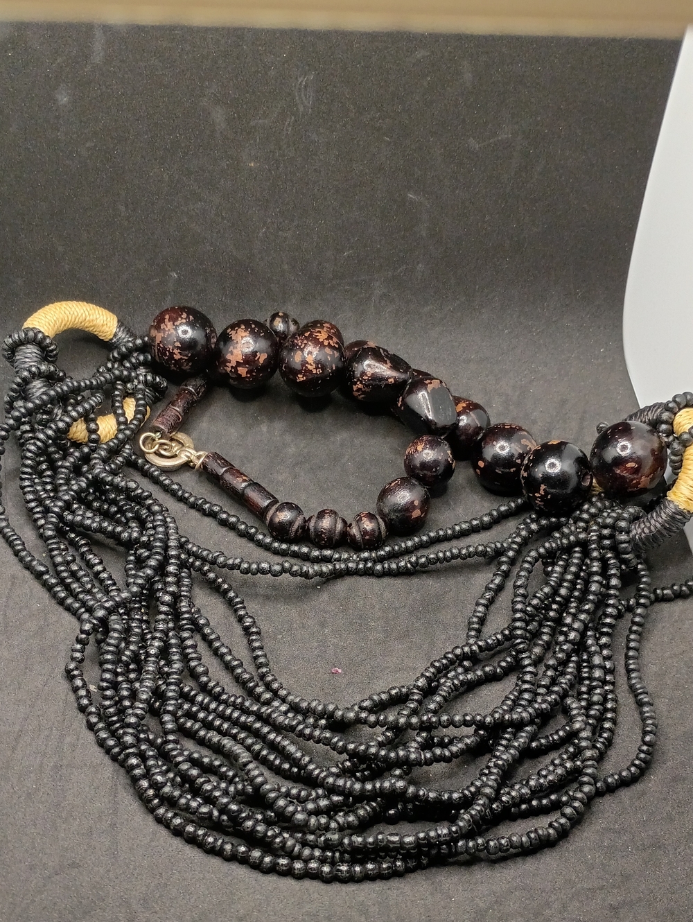 Black Multi-Strand Beaded Necklace with Brown Accent Beads